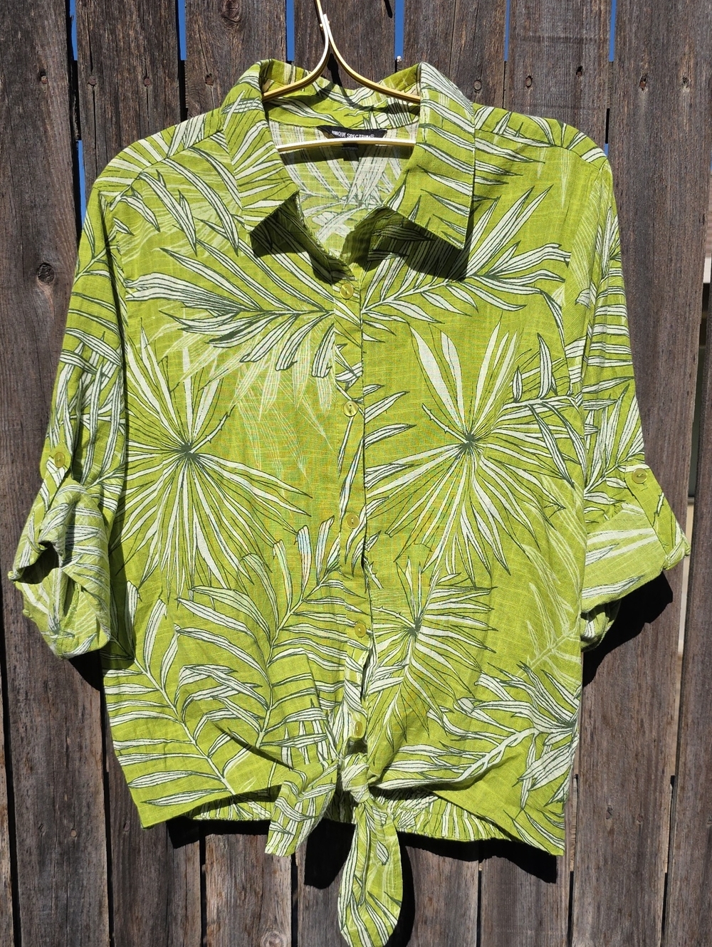 Unique Spectrum Lime Green and White Tropical Print Shirt 100% Cotton Knot Waist